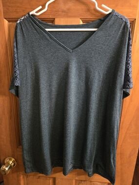 Women's V-Neck Knit Top with Lace Shoulder Detail - Dark Green